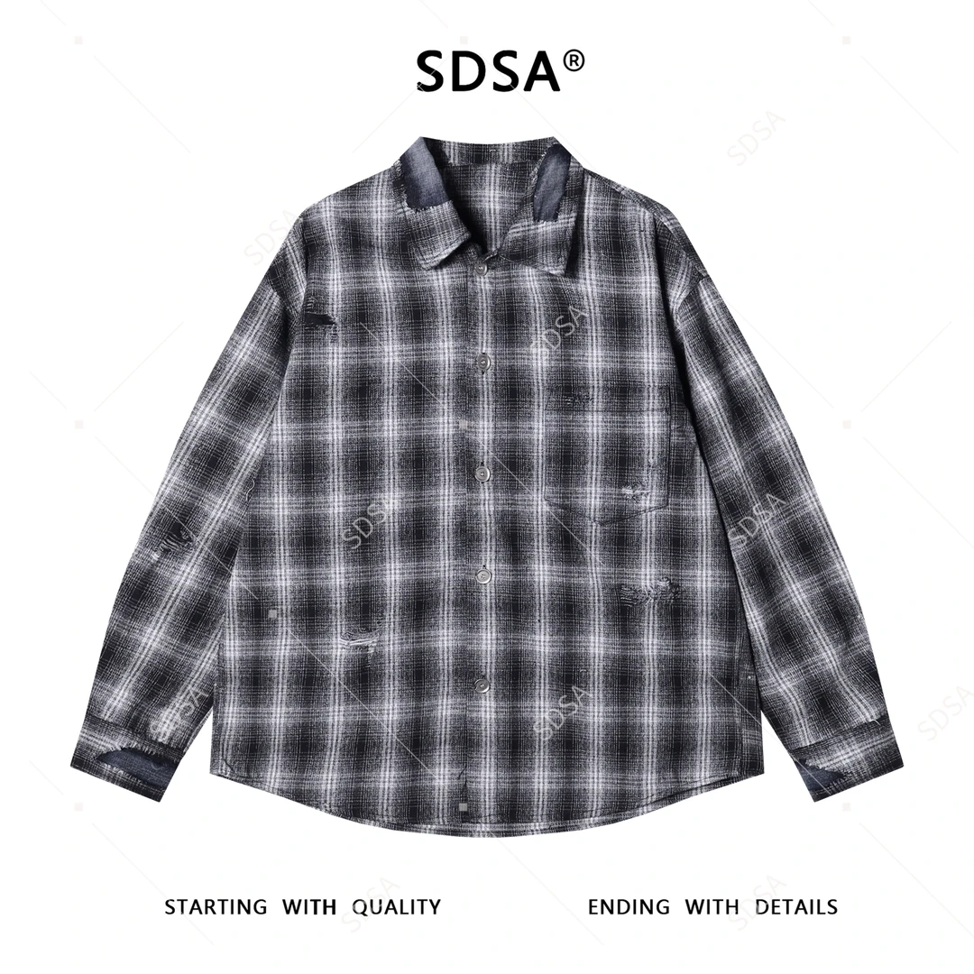 SDSA男士秋冬新款痞帅男装韩版磨破格子翻领长袖衬衫百搭宽松衬衣