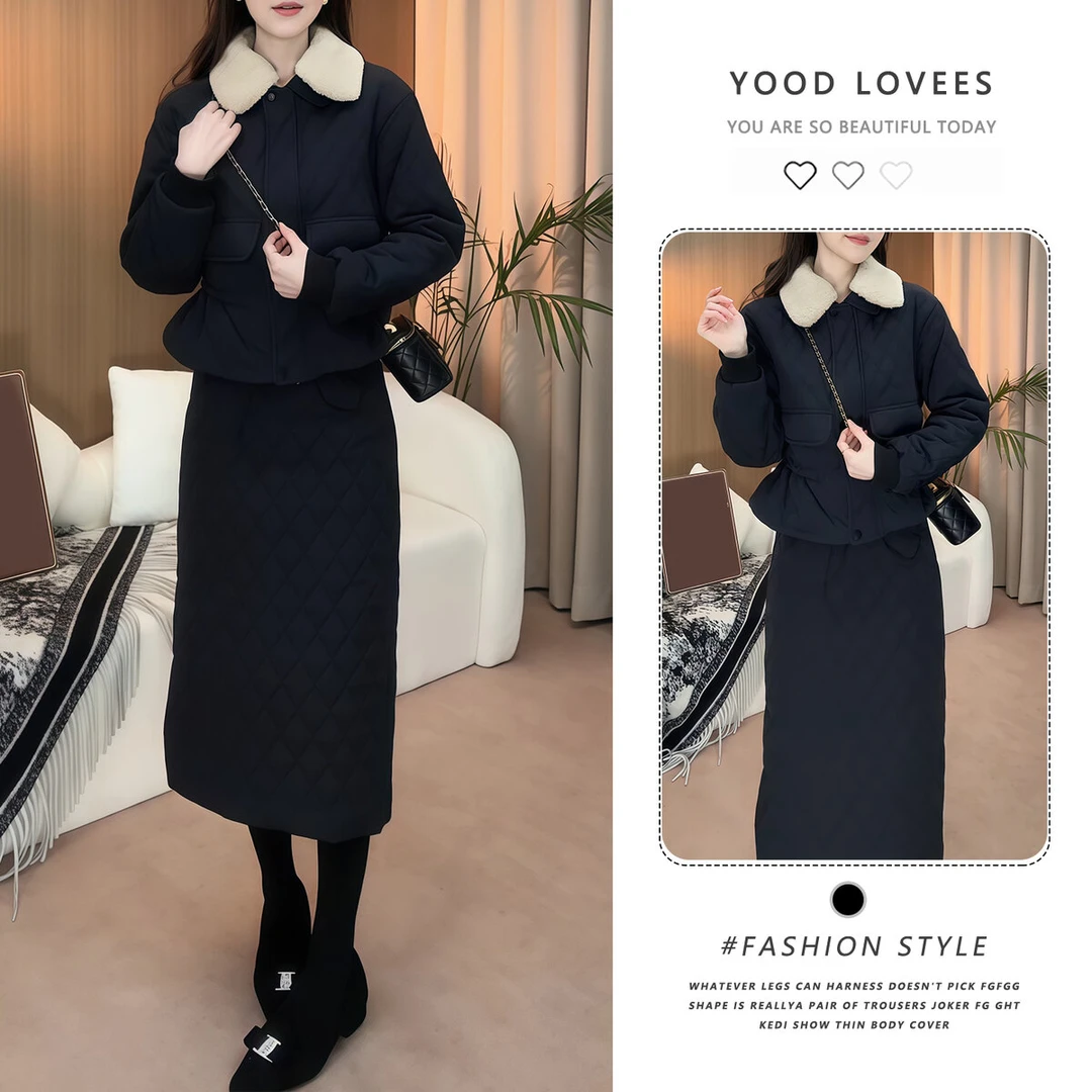 小香风棉服套装女2025冬季新款洋气显瘦外套半身裙加厚保暖两件套