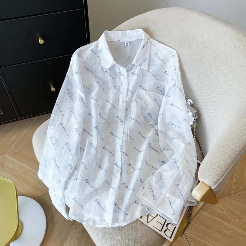 时尚百搭洋气透气字母印花宽松薄款长袖防晒衬衫女外套春秋衬衣