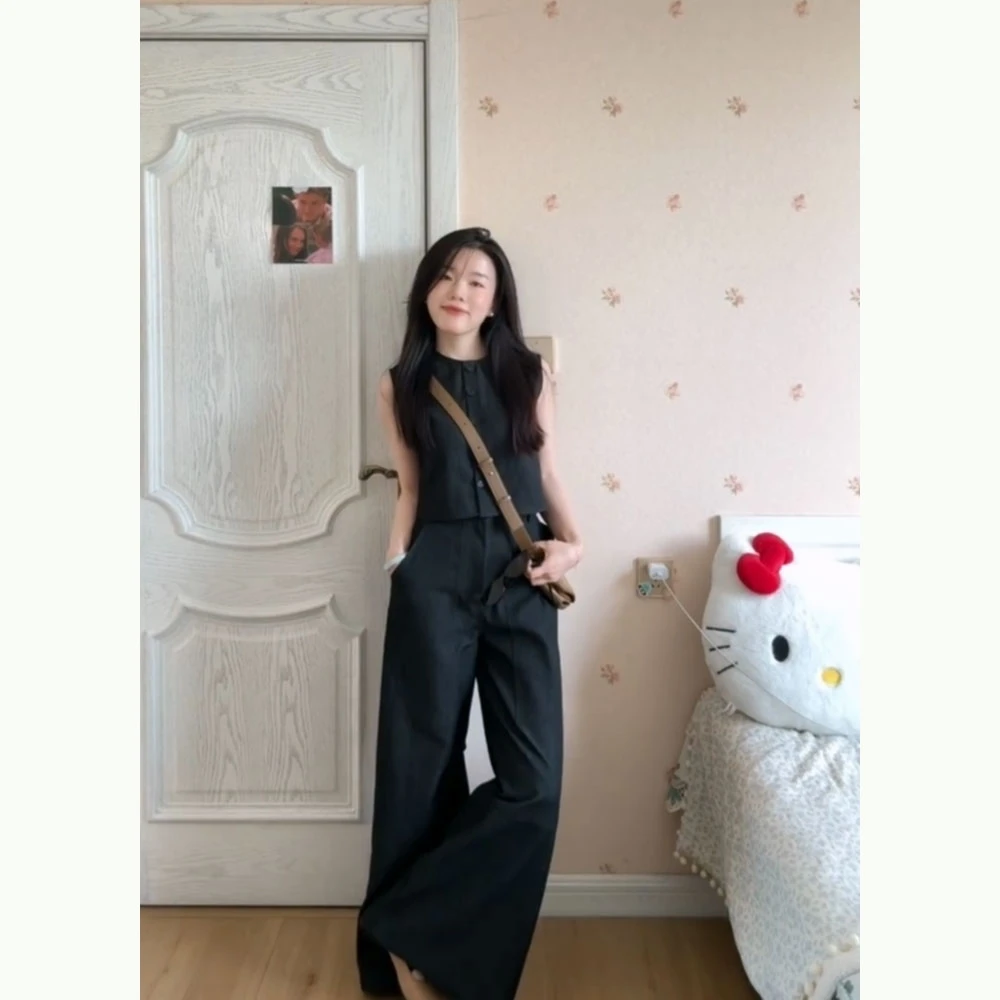法式洋气御姐两件套女夏季高级感港风无袖背心高腰阔腿长裤套装潮