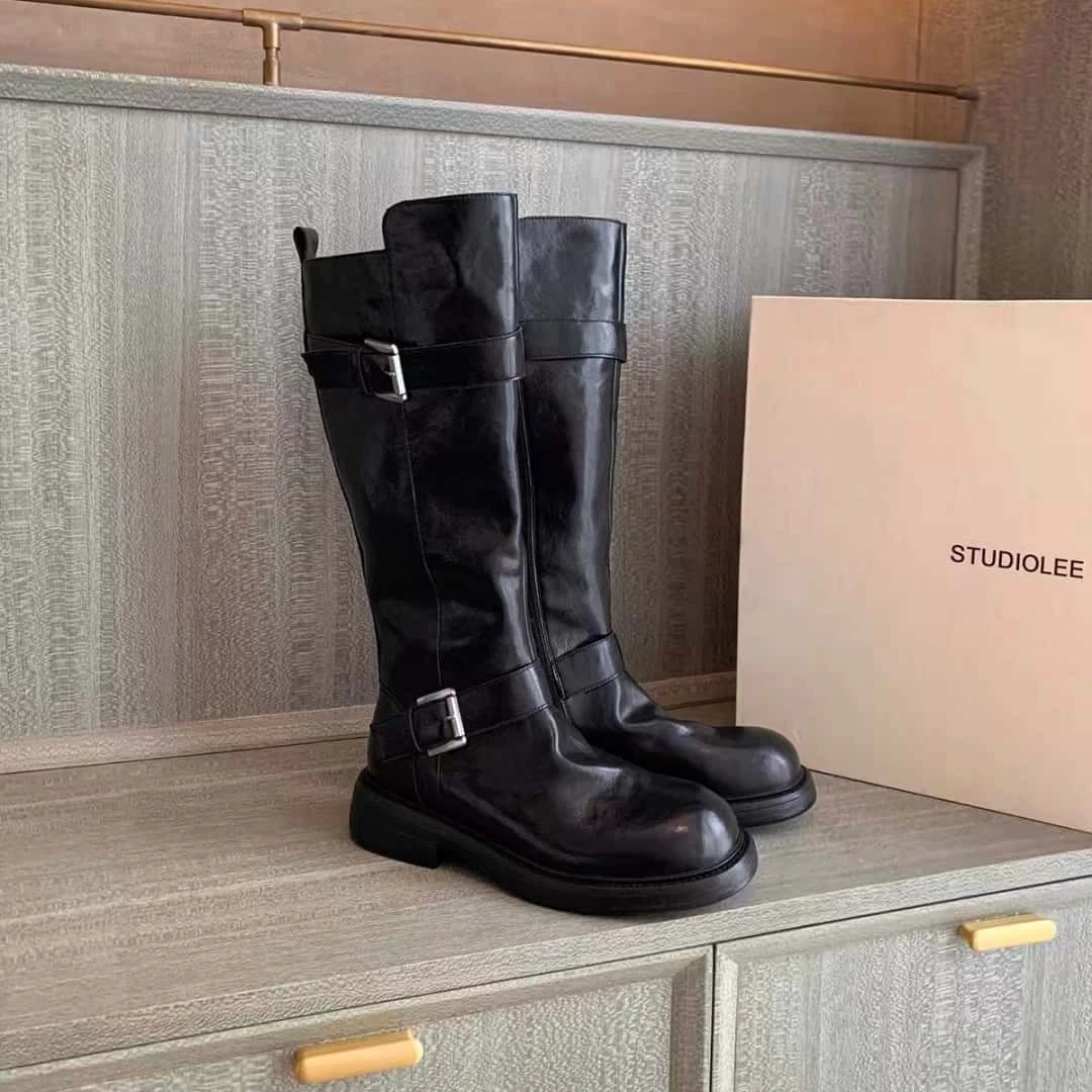 增高4cm~英伦风皮带扣粗跟牛皮复古冬季加绒厚底机车骑士长靴