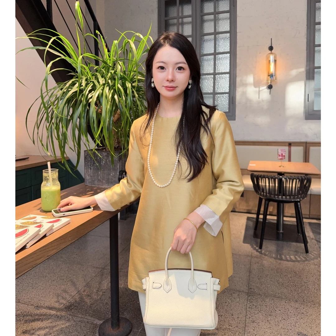 SIWAN/新中式珍珠光泽袖口气质流光感真丝长袖上衣女