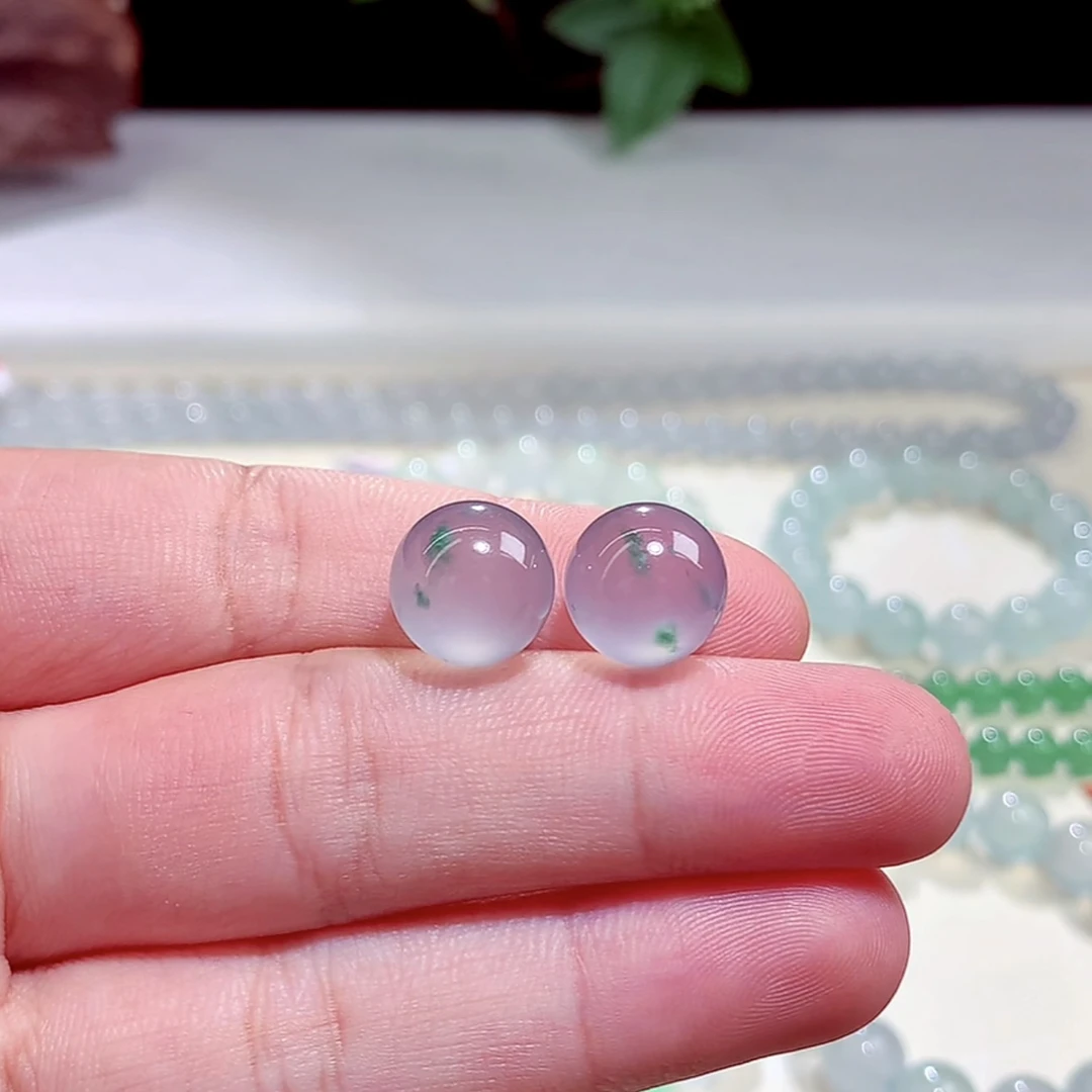裸珠一对玻璃种飘花珠卡12mm