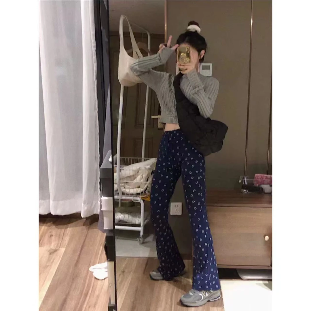徐秋阳    蓝色笑脸裤   百搭时尚休闲设计感笑脸显瘦喇叭裤11019