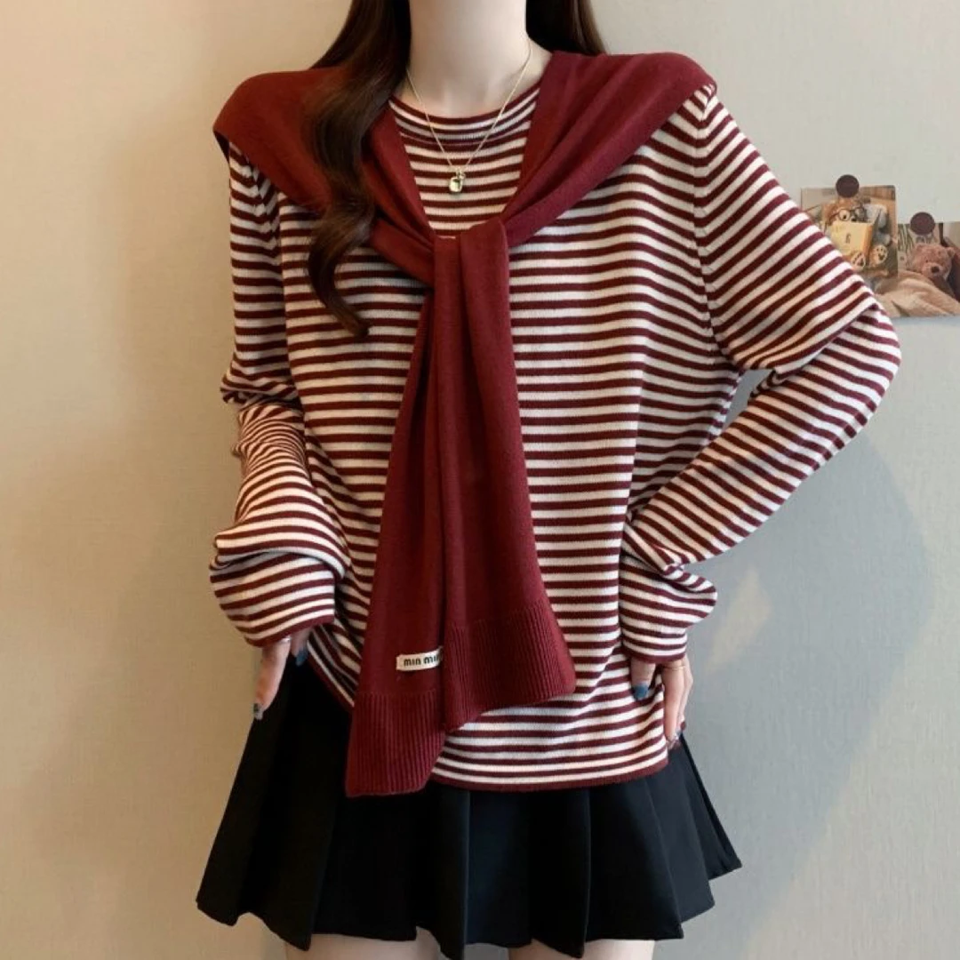 条纹长袖针织衫2025毛衣新款宽松披肩两件套防晒显瘦洋气上衣