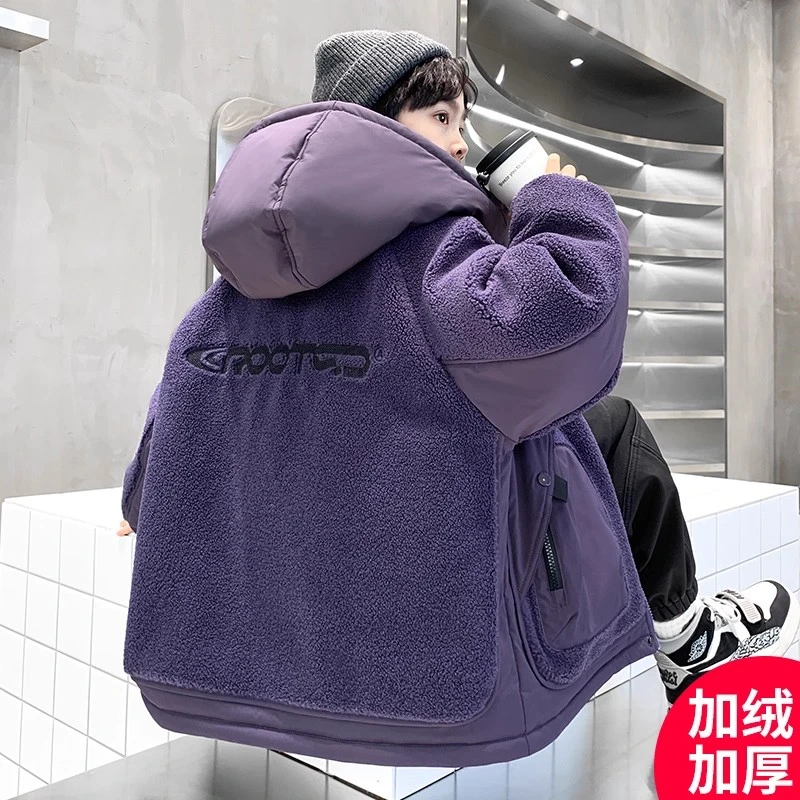 男童冬季羊羔绒外套2025新款冬装加绒加厚中大儿童男孩冬款棉服潮