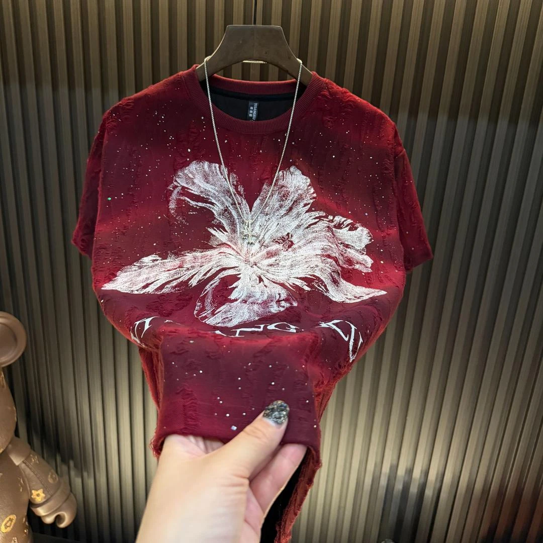 新年短袖330g曼陀罗花朵男款亮闪破洞男上衣爆款轻奢半袖圆领潮流