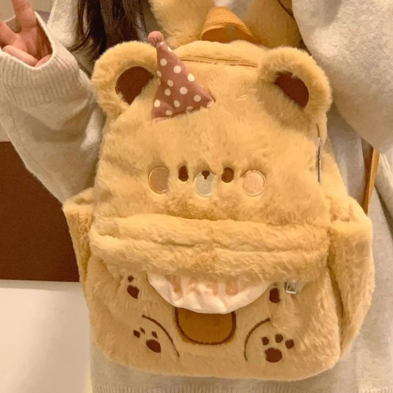 小熊毛绒双肩包秋冬可爱卡通背包女小众手提百搭创意高颜值毛毛P