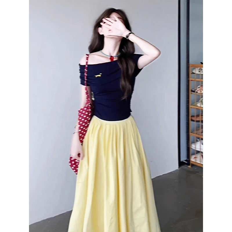 甜妹系列 一字肩露肩上衣女夏季奶黄色高腰半身裙时尚穿搭两件套