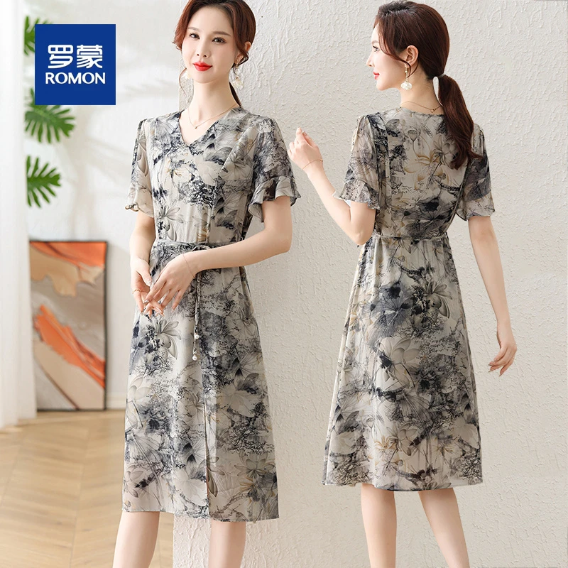 罗蒙碎花雪纺连衣裙女夏装新款洋气高贵夫人中老年人妈妈装裙子
