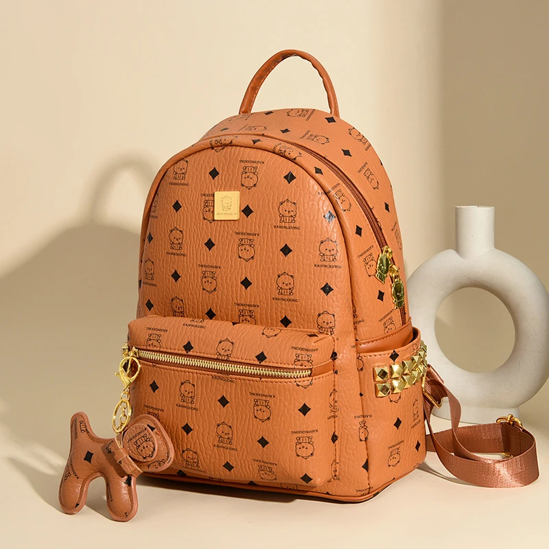 女生通勤包小熊拉链款双根复古风小熊双肩包潮流轻便中性风水桶包