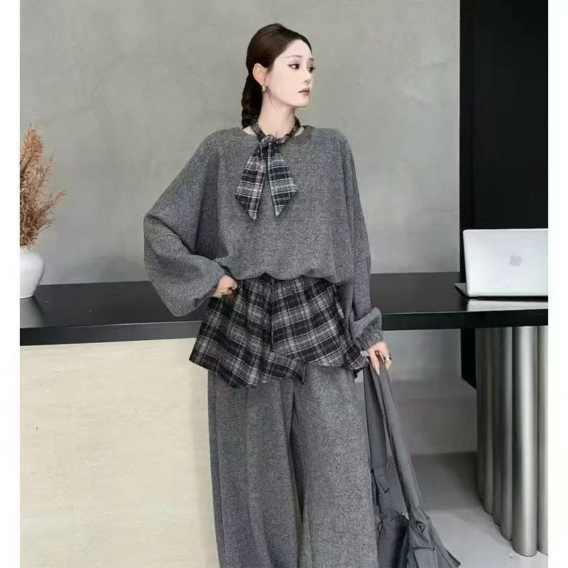 休闲套装格纹假两件长袖卫衣女装秋季设计感拼接阔腿裤两件套8519
