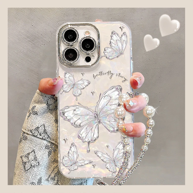 金属蝴蝶适用苹果15华为vivo/oppo小米iPhone16精孔贝壳纹手机壳