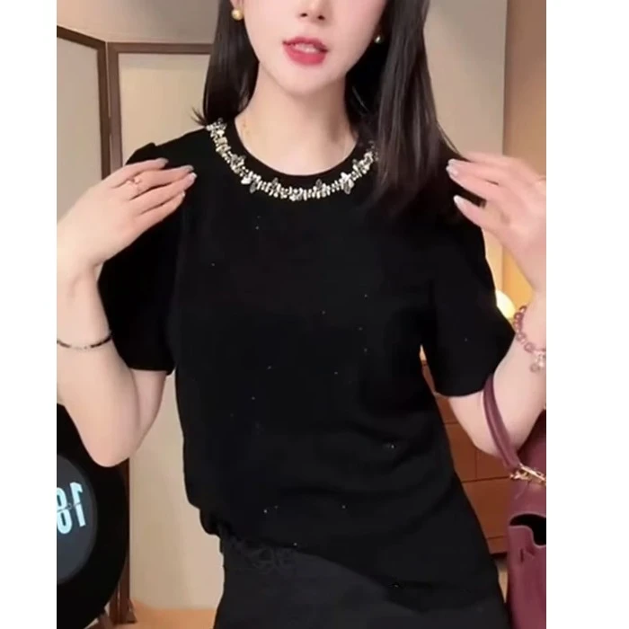 重工镶钻黑色短袖T恤女2025新款时尚收腰显瘦打底衫通勤减龄上衣