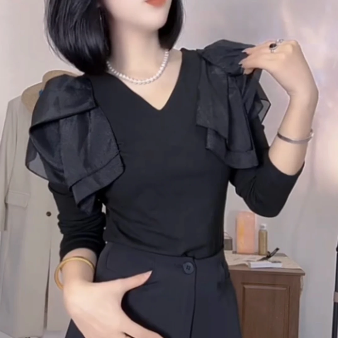 法式v领设计感拼接长袖上衣2025年女装秋季新款气质百搭显瘦打底