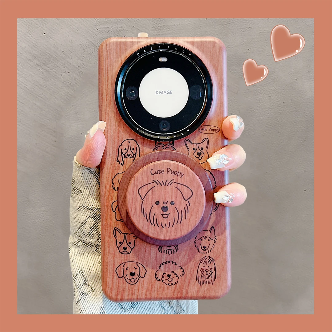 适用华为mate60pro+手机壳ins卡通木纹线条猫咪小狗支架mate70pro