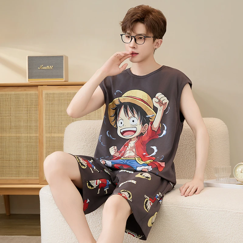 纯棉睡衣薄款无袖背心短裤青少年宽松家居服套装加大码男士学生