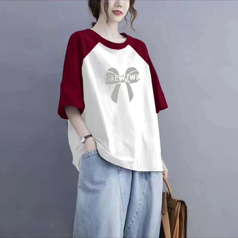 大码女装微胖妹妹宽松显瘦潮流时尚休闲撞色拼接短袖纯棉T恤夏ins