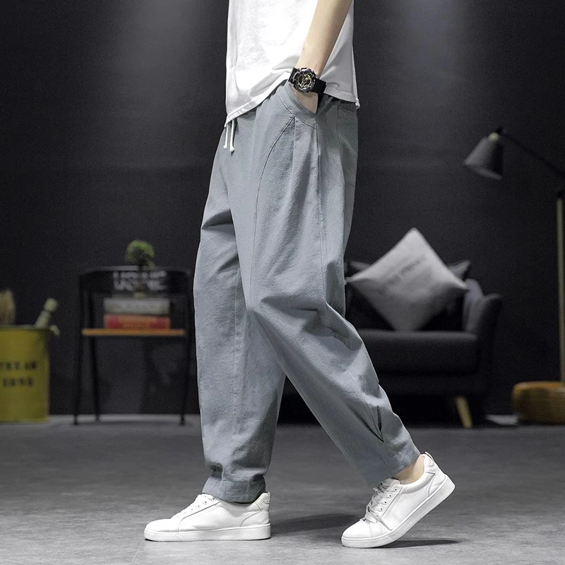 棉麻男裤子夏季休闲哈伦裤新中式国风薄款透气大码宽松直筒灯笼裤