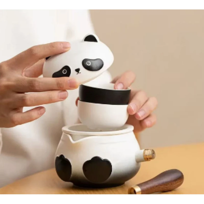熊猫陶瓷侧把快客旅行茶具 5604