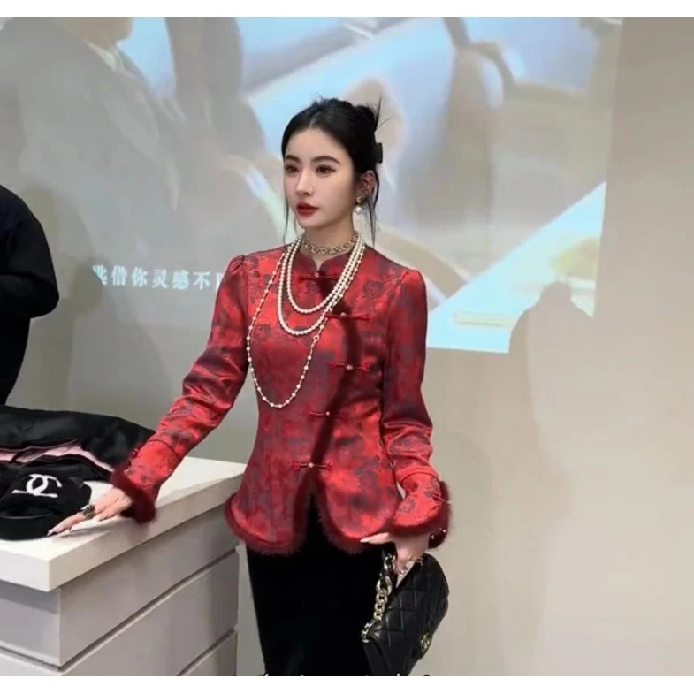 现货【新年快乐】新中式人丝水貂毛加绒加厚收腰衬衫上衣