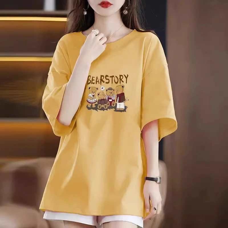 纯棉圆领短袖T恤女2025夏季新款欧货大码宽松胖mm显瘦中长款上衣