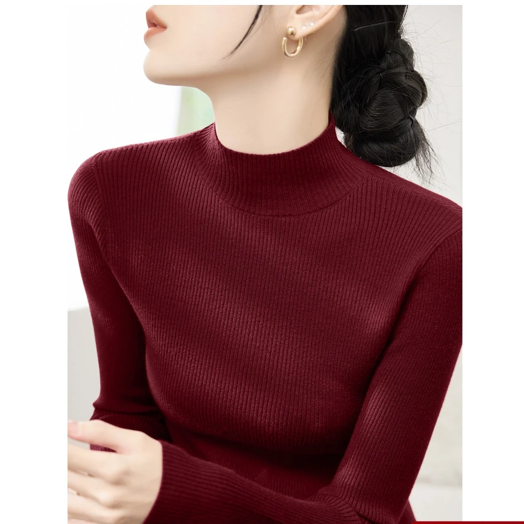 春季新款半高领新年红色时尚内搭打底修身长袖百搭针织衫上衣女装