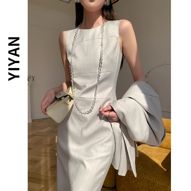 烟灰色西装连衣裙套装女春秋2025新款包臀无袖高级感气质职业套裙
