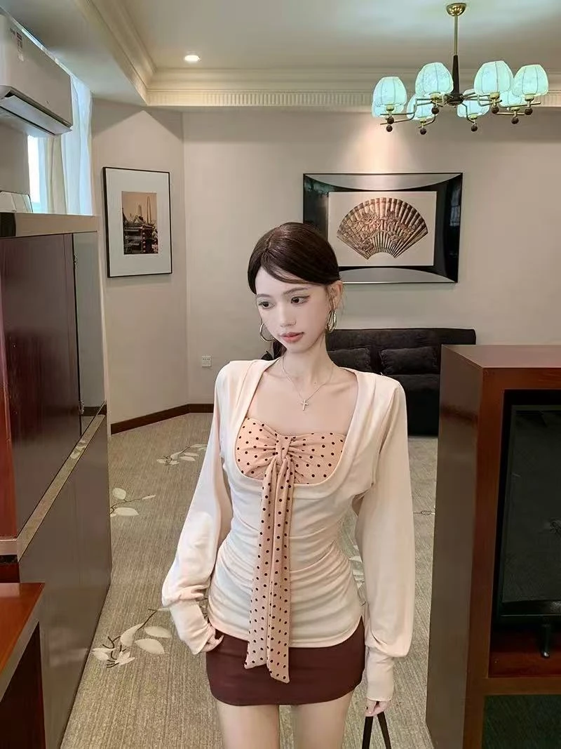 纯欲风罩衫T恤方领上衣设计感波点抹胸背心女装秋季半身裙三件套