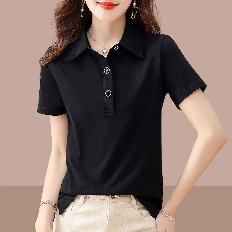 纯棉polo衫短袖t恤女2025夏新款休闲体恤洋气藏肉显瘦黑色上衣女