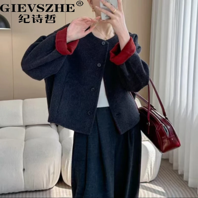 纪诗哲红黑色小香风外套女新款双面撞色高端短款韩系圆领羊毛外套