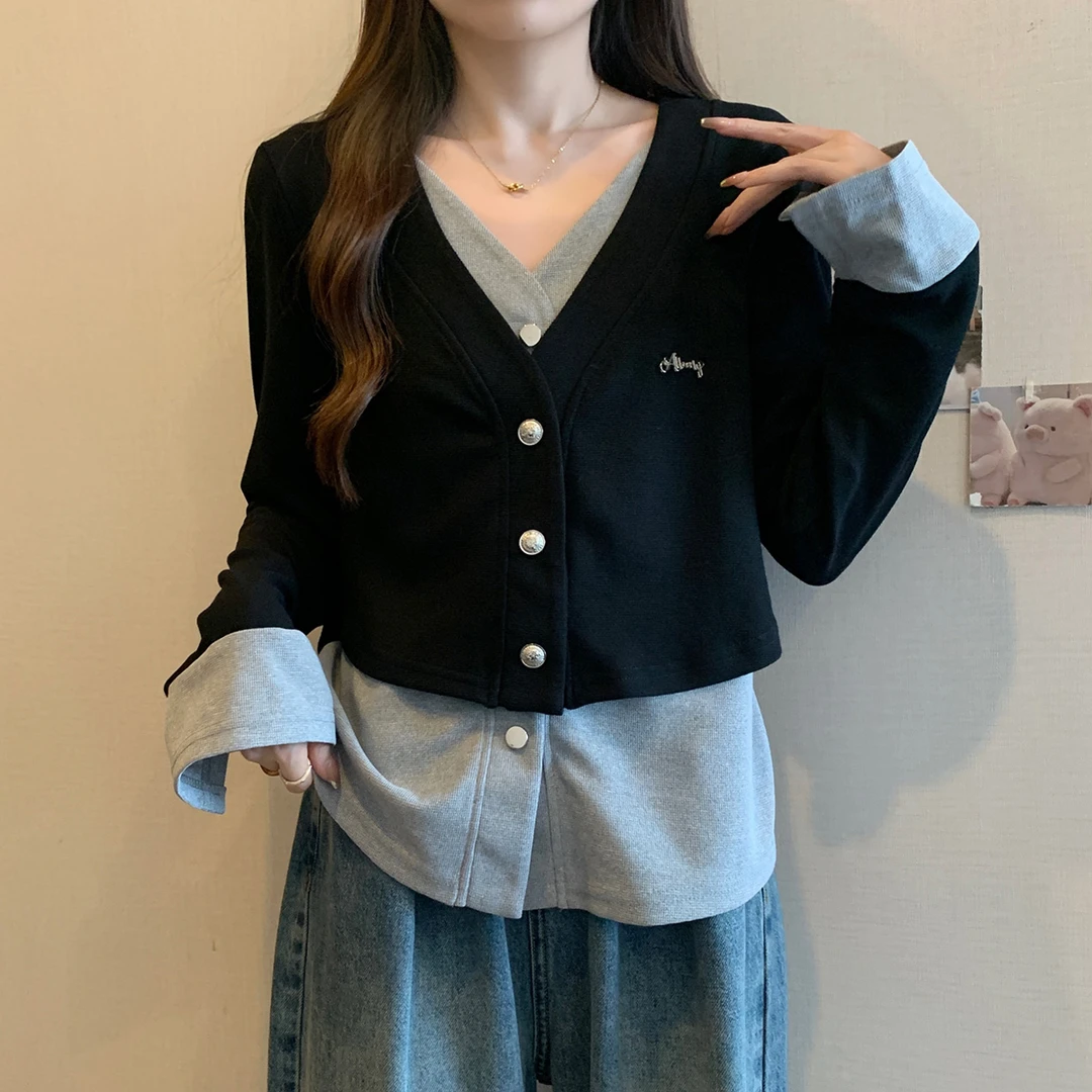 61878大码女装2025年春季新款微胖妹妹气质显瘦假两件针织衬衫