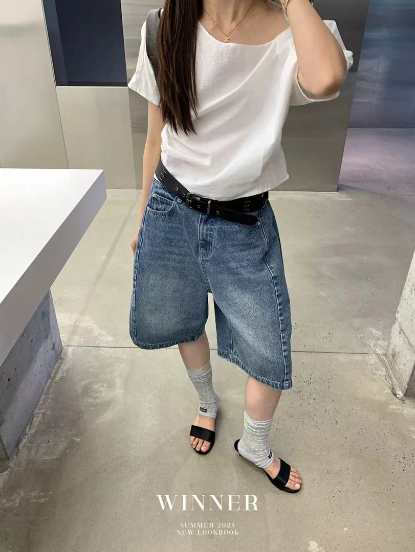 【NO退NO换】韩版设计感显瘦宽松五分牛仔裤6902