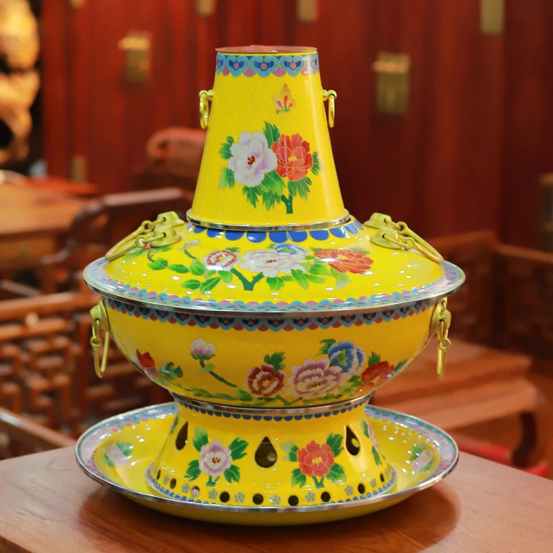 木炭火锅珐琅景泰蓝铜火锅纯铜老式珐琅锅分体家用涮肉老北京暖锅