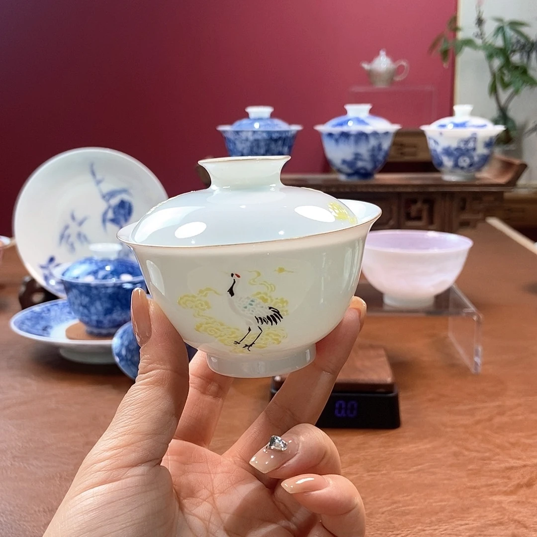 山月闲薄胎脱胎瓷高温手工釉上墨古彩盖碗