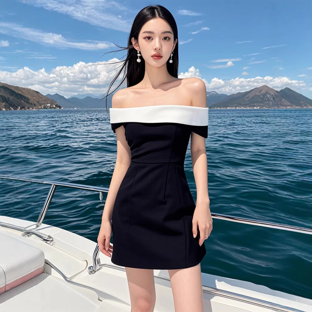 设计感气质一字肩连衣裙夏季法式轻奢时尚独特别致显瘦短裙黑色