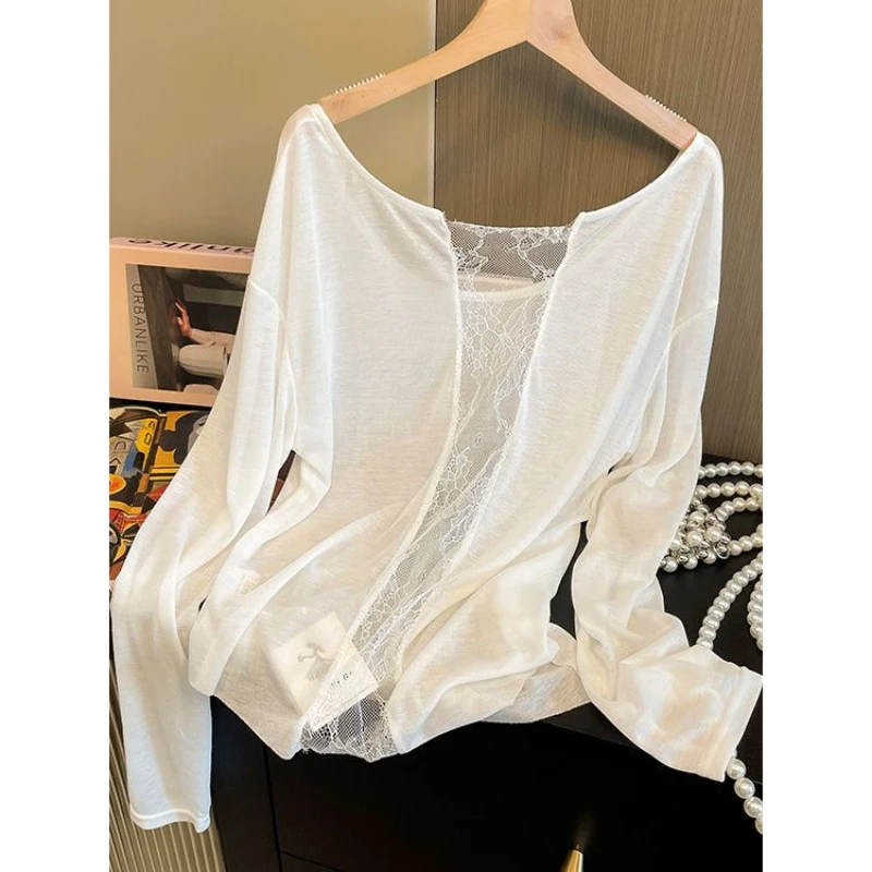 好看哭了！一眼迷上！t恤女装薄款蕾丝拼接后背镂空不规则长袖罩衫