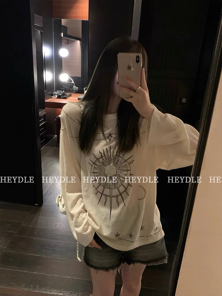 【午后遐想】慵懒宽松印花长袖t恤薄款防晒罩衫初秋上衣女#5025