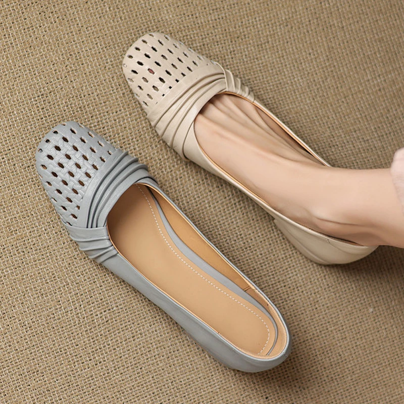 真皮新款法式镂空方头浅口单鞋女潮牌百搭小众低跟粗跟皱褶淑女鞋