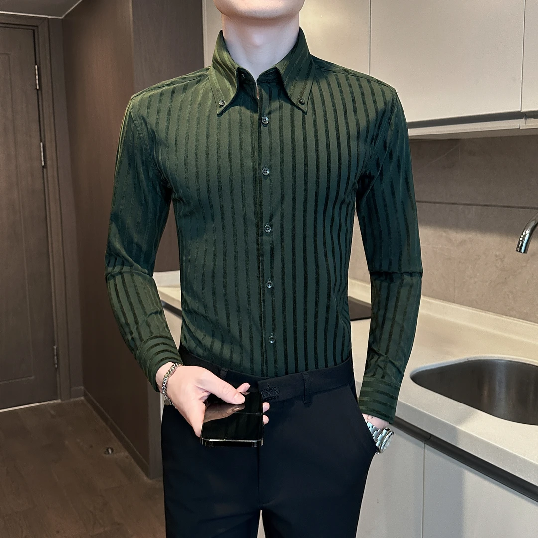 法式大领条纹衬衫男士长袖秋冬季新款高级感痞帅商务休闲衬衣