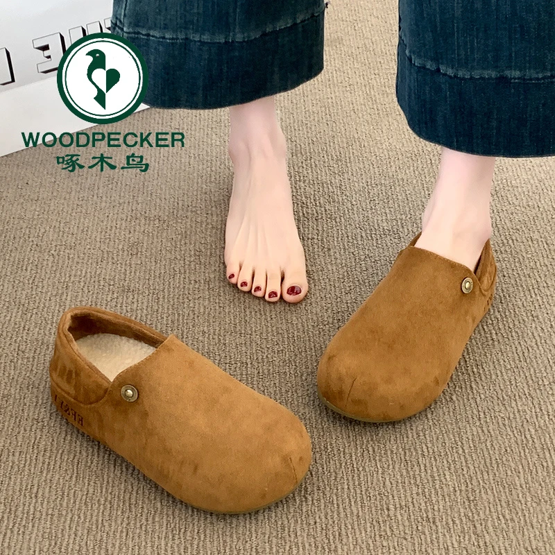 啄木鸟勃肯鞋女厚底大头丑萌鞋2025冬季新款加绒保暖毛毛单鞋两穿