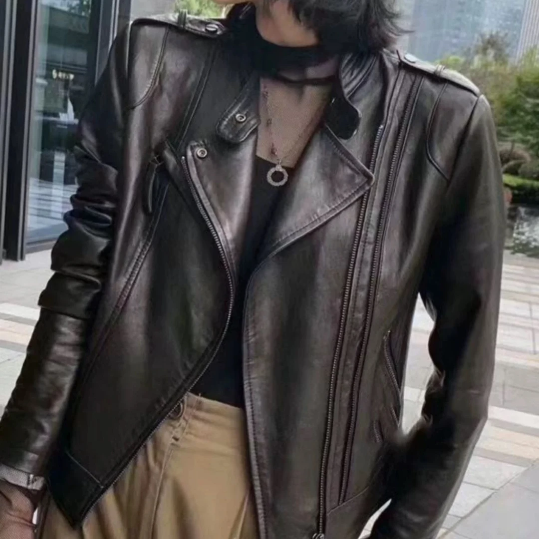 2518秋季新款皮衣女立领口袋拉链修身显瘦机车皮夹克外套短款