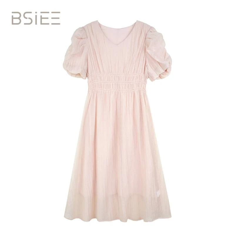 BSIEE/本涩法式显瘦气质V领打揽泡泡袖连衣裙