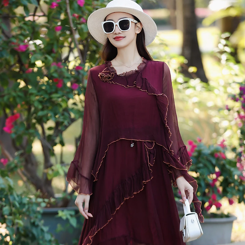 拜占庭的森林桑蚕丝酒红气质时尚百搭轻奢拼接优雅纯色真丝连衣裙