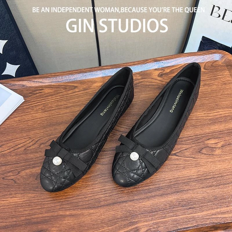 【高奢&达人款】轻奢黑色浅口单鞋女法式气质圆头蝴蝶结珍珠小香