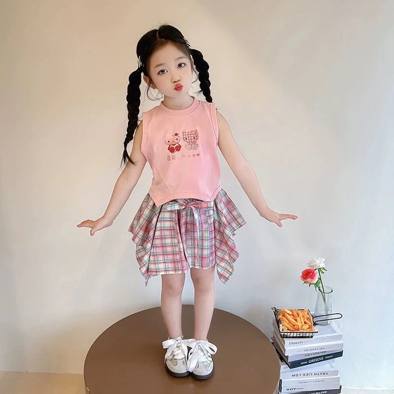 【新疆包邮】夏季新款凯蒂猫彩色格子不规则短裙两件套M939