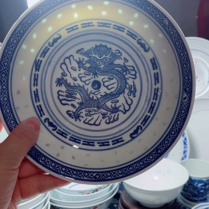 青花玲珑7寸窝盘龙纹12个世**园