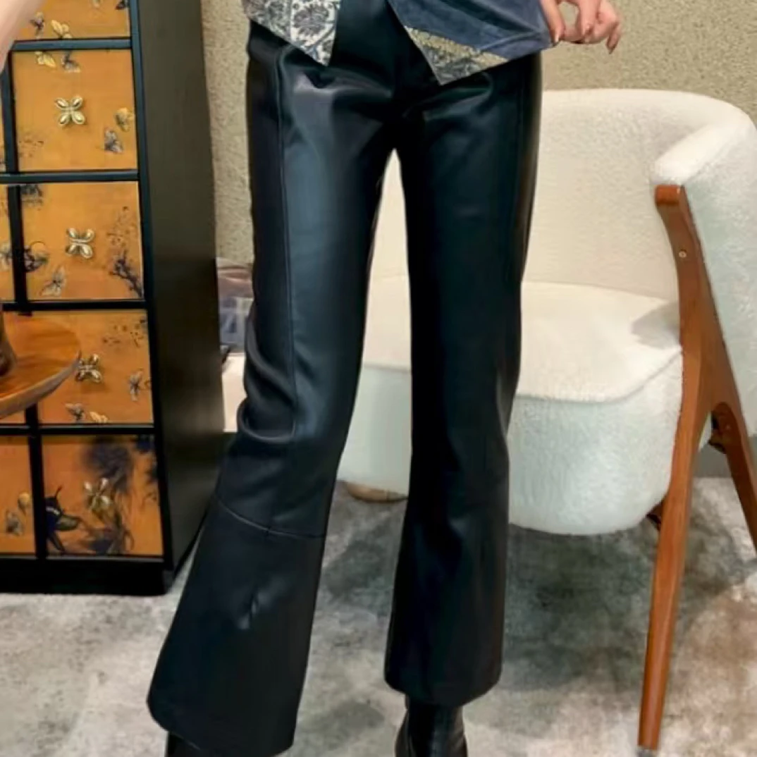 7281显瘦高弹微喇九分皮裤女时尚修身长裤
