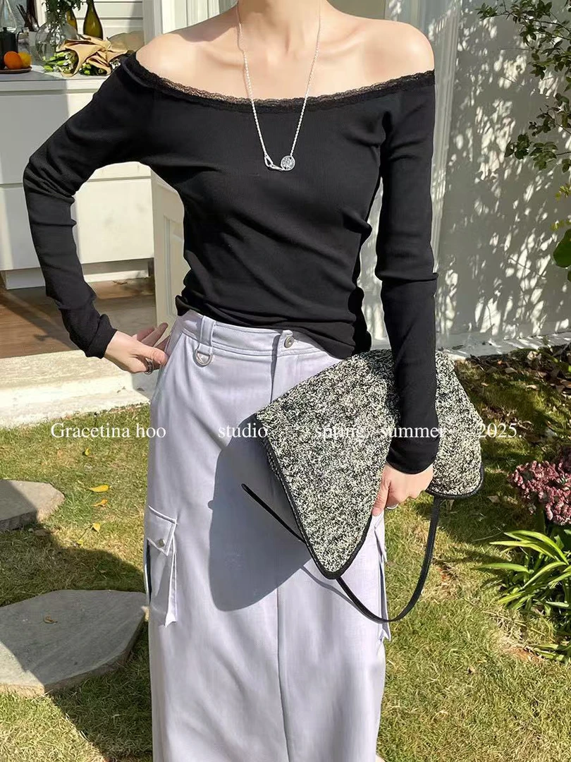 25年新款-极简风一字肩蕾丝拼接上衣（413RTB470#）GRA