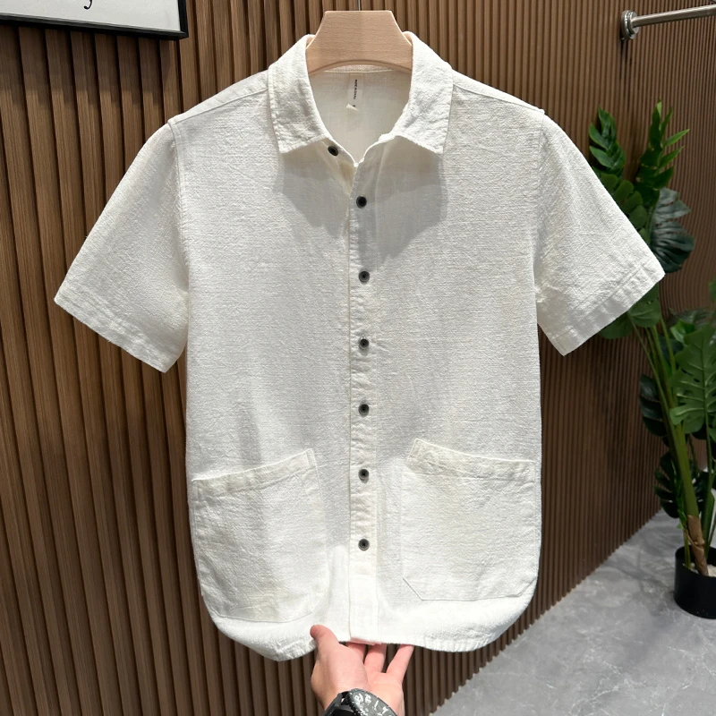 夏季潮牌日系苎麻短袖衬衫男士轻奢时尚百搭简约休闲宽松衬衣新款